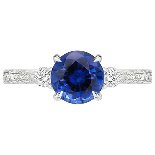 Drei-Steine-Goldring Rund Ceylon Saphir & Aus der Erde Abgebauter Natürlicher Diamant 2,50 Karat Neu
