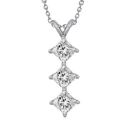 Drei-Steine-Halskette mit Echt Diamant-Anhänger im Prinzessin-Schliff 3.0 Karat WG 14K
