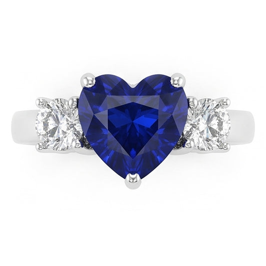 Drei Steine Herz Blauer Saphir Ring & Runde Natürlicher Diamant ( nicht im Labor gezüchtet )en 2,50 Karat