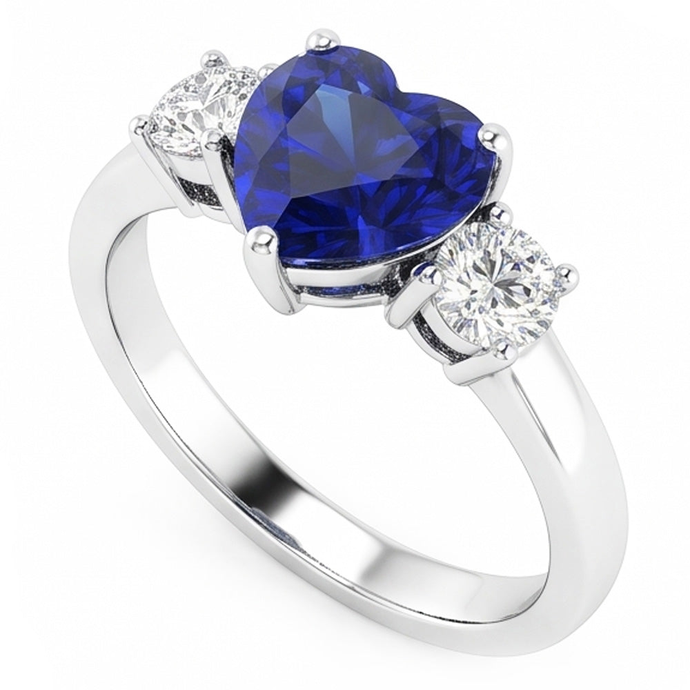 Drei Steine Herz Blauer Saphir Ring & Runde Natürlicher Diamant ( nicht im Labor gezüchtet )en 2,50 Karat