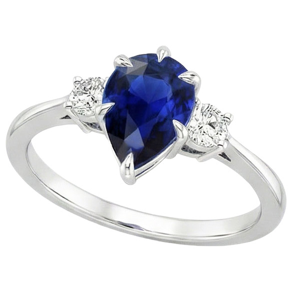 Drei-Steine-Jubiläumsring Birne Blauer Saphir & Aus der Erde Abgebauter Natürlicher Diamanten 3 Karat