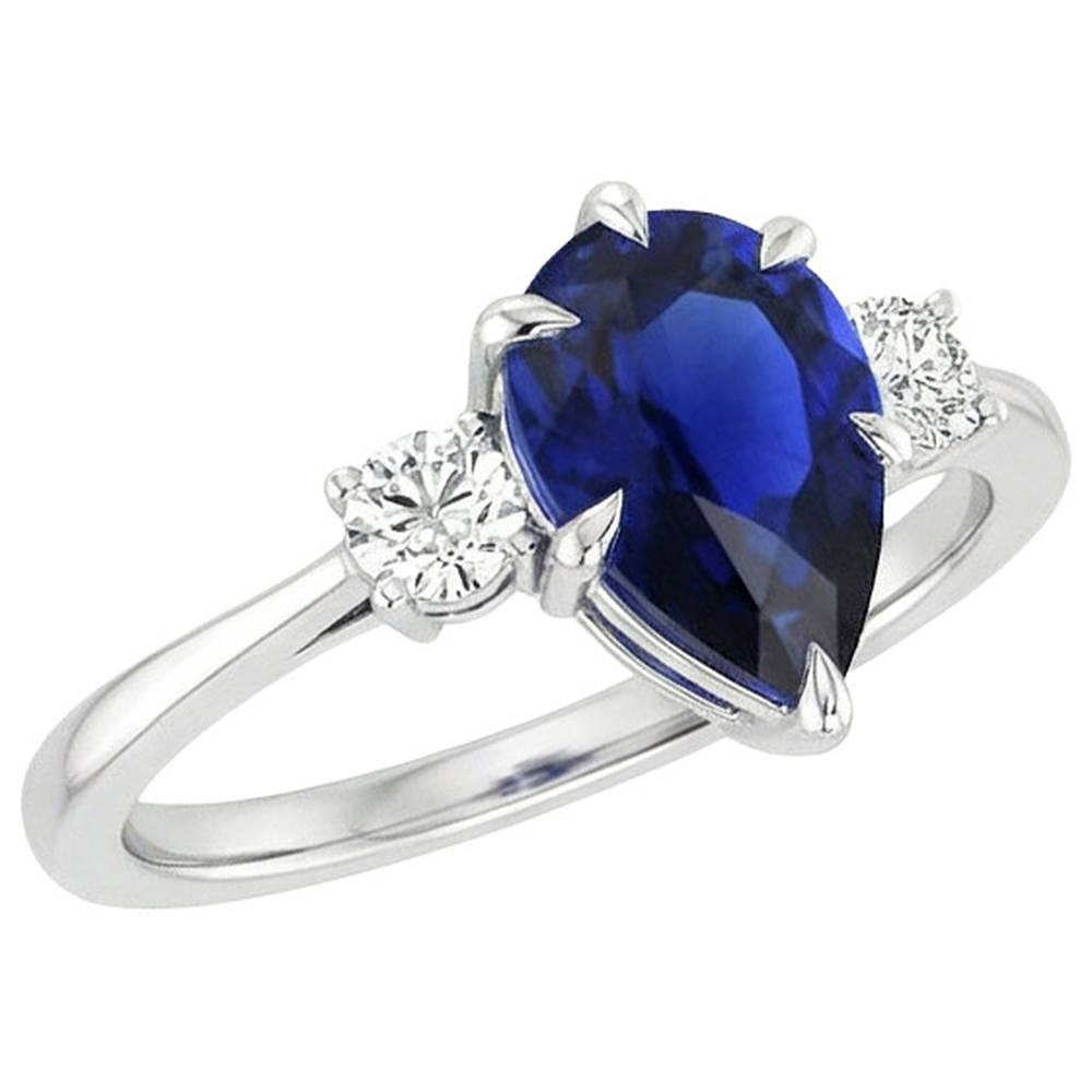 Drei-Steine-Jubiläumsring Birne Blauer Saphir & Aus der Erde Abgebauter Natürlicher Diamanten 3 Karat