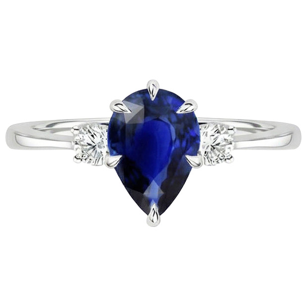 Drei-Steine-Jubiläumsring Birne Blauer Saphir & Aus der Erde Abgebauter Natürlicher Diamanten 3 Karat