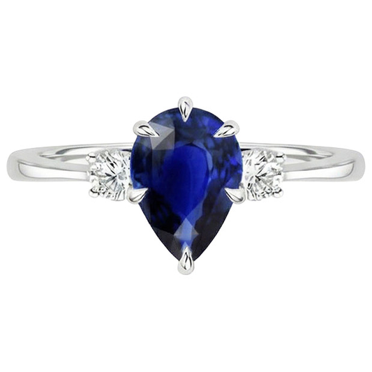 Drei-Steine-Jubiläumsring Birne Blauer Saphir & Aus der Erde Abgebauter Natürlicher Diamanten 3 Karat