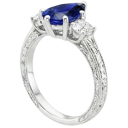 Drei-Steine-Ring Antik-Stil Birne Blauer Saphir & Aus der Erde Abgebauter Natürlicher Diamanten 5 Karat