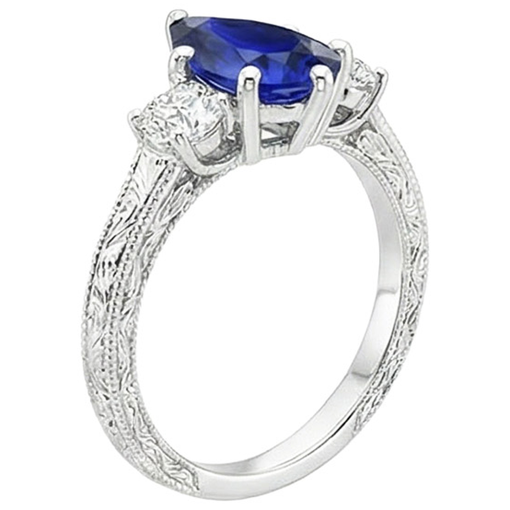 Drei-Steine-Ring Antik-Stil Birne Blauer Saphir & Aus der Erde Abgebauter Natürlicher Diamanten 5 Karat