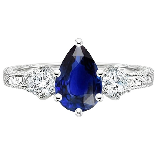 Drei-Steine-Ring Antik-Stil Birne Blauer Saphir & Aus der Erde Abgebauter Natürlicher Diamanten 5 Karat