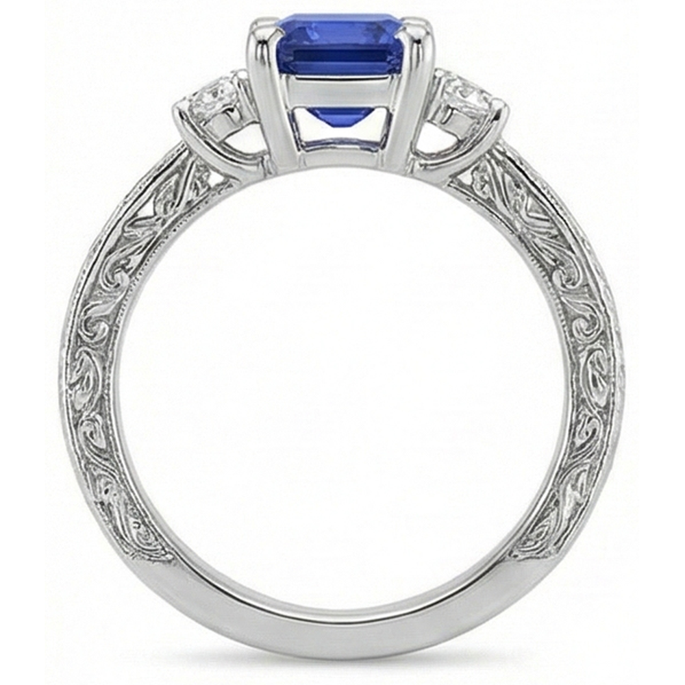 Drei-Steine-Ring Antik-Stil Blauer Saphir & Aus der Erde Abgebauter Natürlicher Diamanten 4,50 Karat