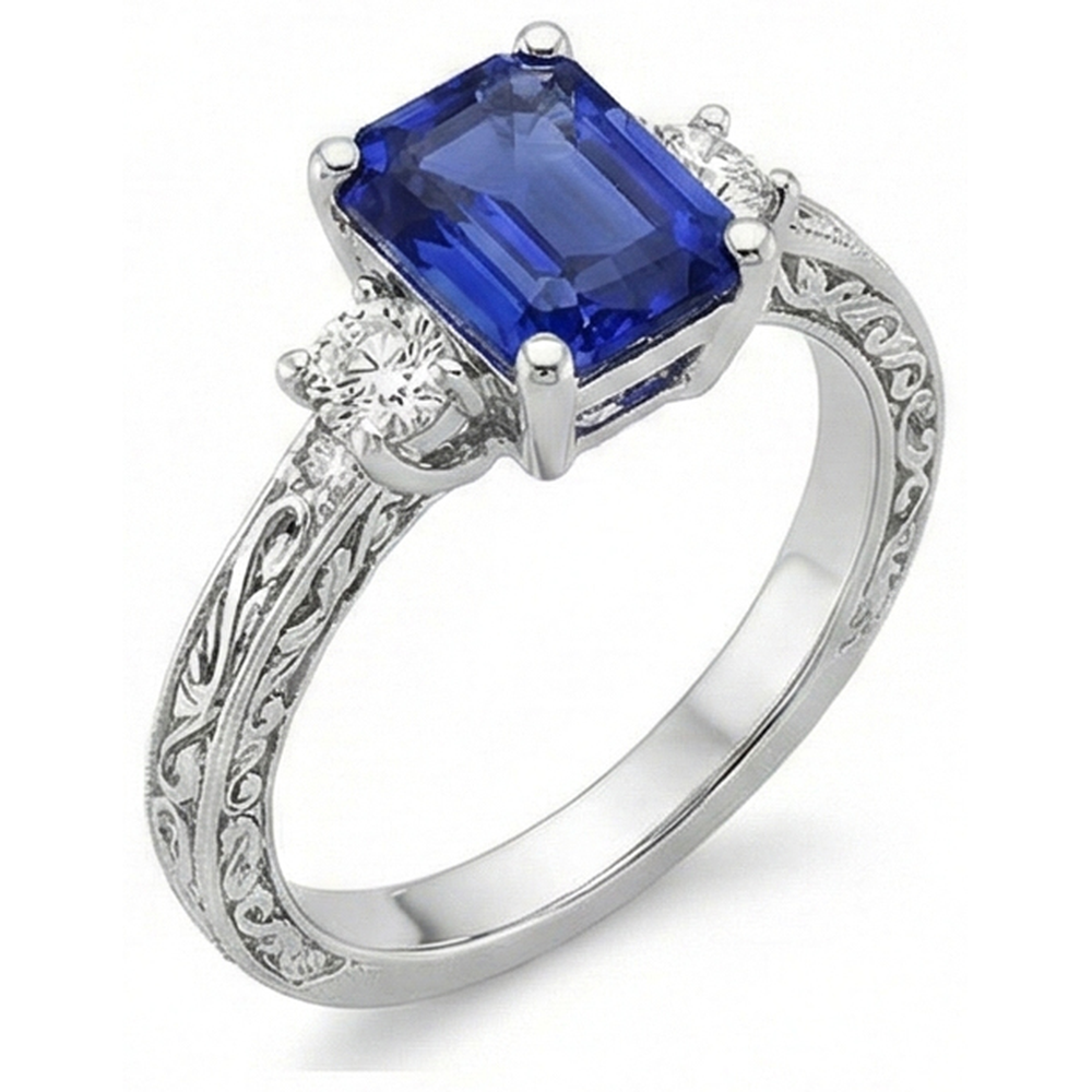Drei-Steine-Ring Antik-Stil Blauer Saphir & Aus der Erde Abgebauter Natürlicher Diamanten 4,50 Karat