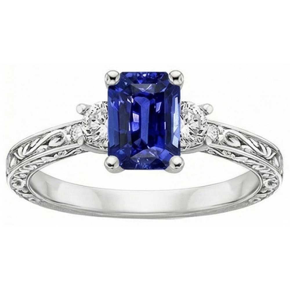 Drei-Steine-Ring Antik-Stil Blauer Saphir & Aus der Erde Abgebauter Natürlicher Diamanten 4,50 Karat