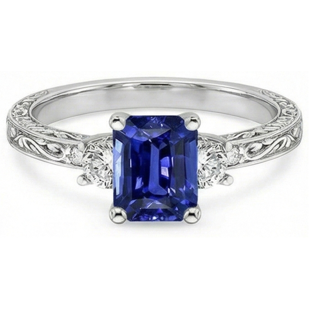 Drei-Steine-Ring Antik-Stil Blauer Saphir & Aus der Erde Abgebauter Natürlicher Diamanten 4,50 Karat