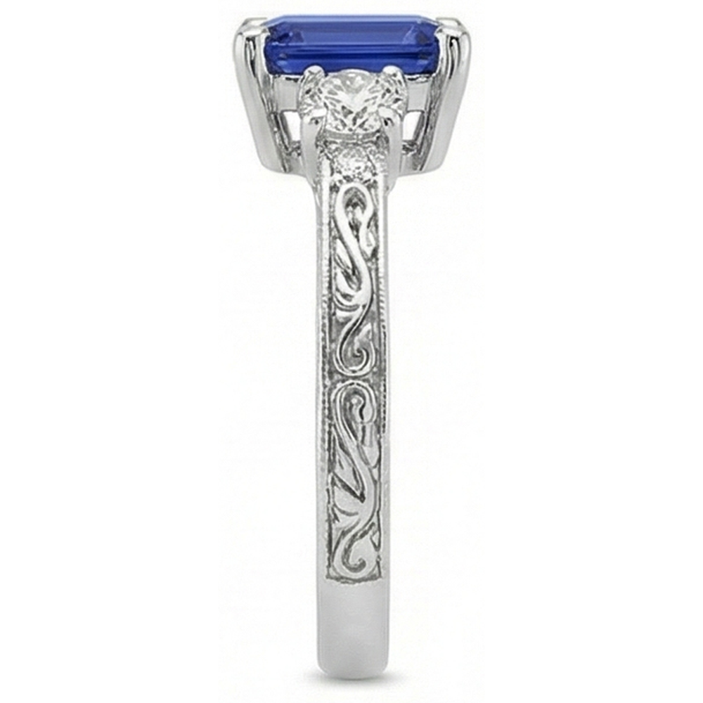 Drei-Steine-Ring Antik-Stil Blauer Saphir & Aus der Erde Abgebauter Natürlicher Diamanten 4,50 Karat