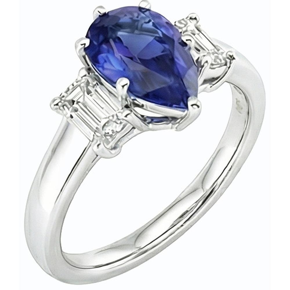 Drei-Steine-Ring Birne SriLanka Saphir 2 Karat & Smaragddiamanten