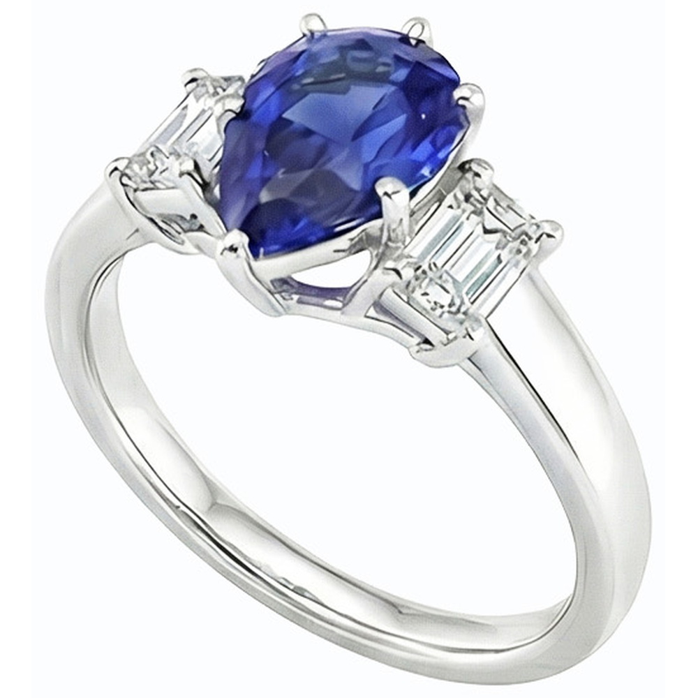 Drei-Steine-Ring Birne SriLanka Saphir 2 Karat & Smaragddiamanten