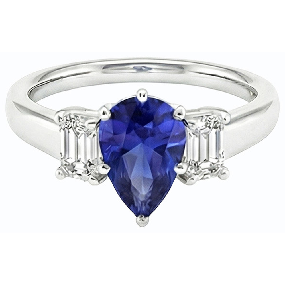 Drei-Steine-Ring Birne SriLanka Saphir 2 Karat & Smaragddiamanten