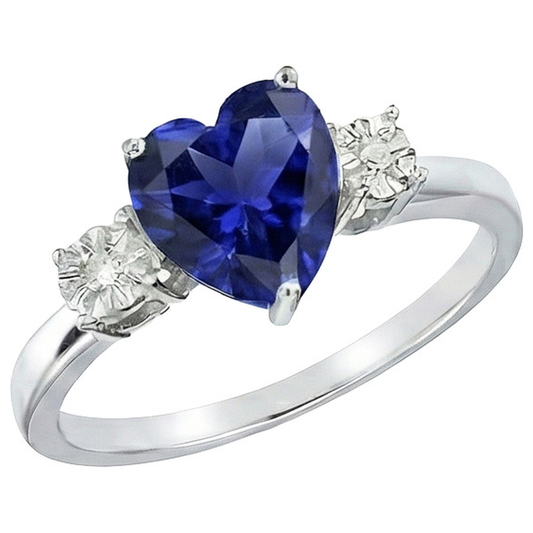 Drei-Steine-Ring Herzform Blauer Saphir Rund & Aus der Erde Abgebauter Natürlicher Diamanten 8 Karat