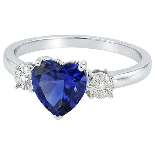 Drei-Steine-Ring Herzform Blauer Saphir Rund & Aus der Erde Abgebauter Natürlicher Diamanten 8 Karat
