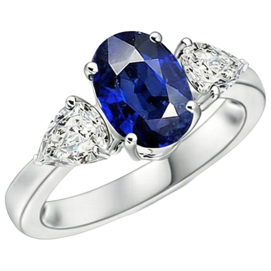 Drei Steine Ring Oval Sri Lanka Saphir & Birne Aus der Erde Abgebauter Natürlicher Diamanten 5,50 Karat