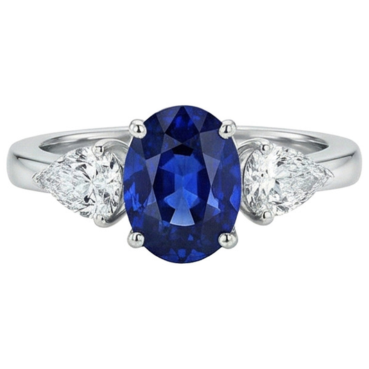 Drei Steine Ring Oval Sri Lanka Saphir & Birne Aus der Erde Abgebauter Natürlicher Diamanten 5,50 Karat