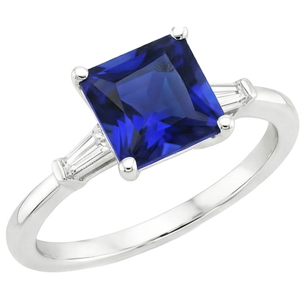 Drei-Steine-Ring Princess Blue Saphir & Baguette Aus der Erde Abgebauter Natürlicher Diamanten 5,25 Karat