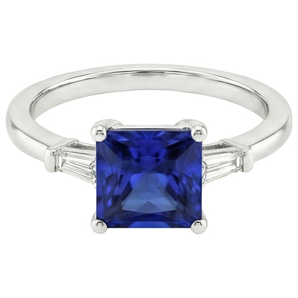 Drei-Steine-Ring Princess Blue Saphir & Baguette Aus der Erde Abgebauter Natürlicher Diamanten 5,25 Karat