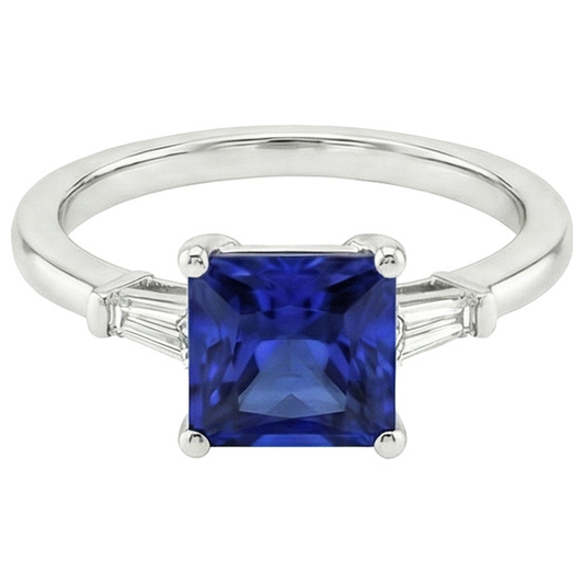 Drei-Steine-Ring Princess Blue Saphir & Baguette Aus der Erde Abgebauter Natürlicher Diamanten 5,25 Karat