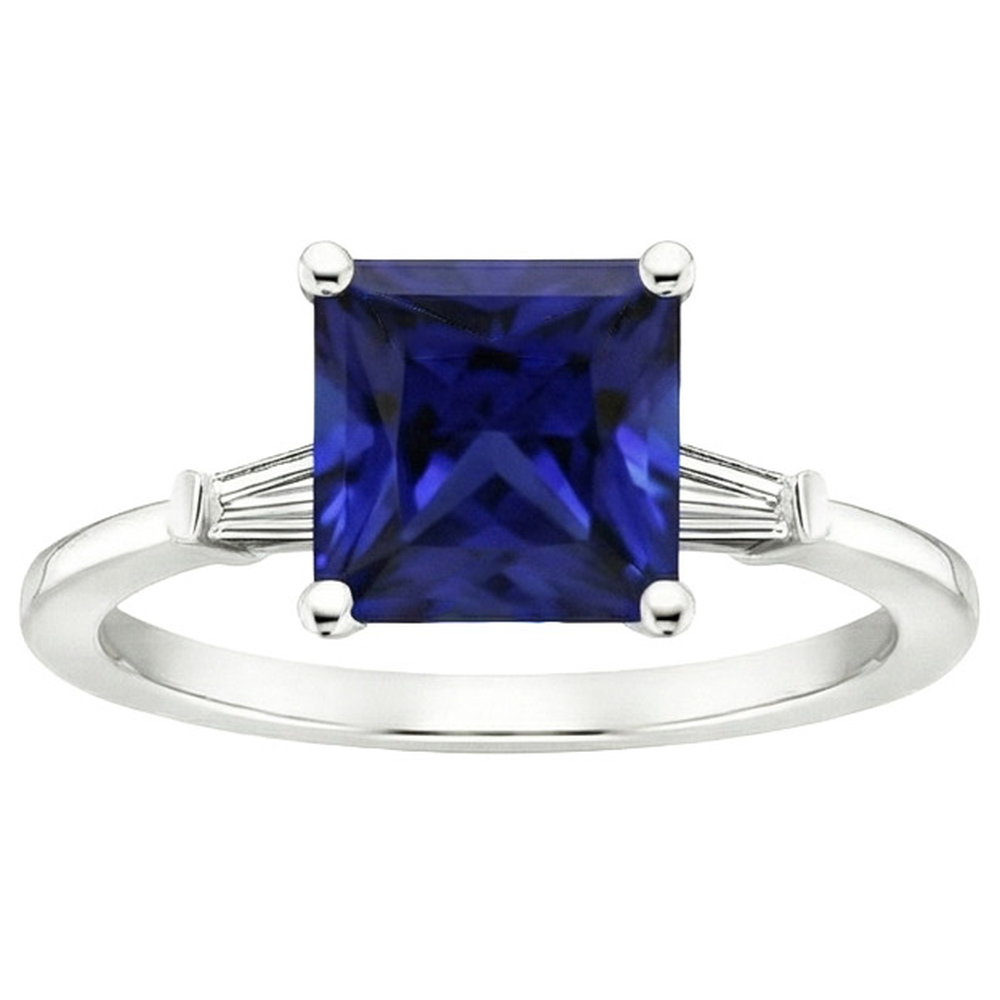 Drei-Steine-Ring Princess Blue Saphir & Baguette Aus der Erde Abgebauter Natürlicher Diamanten 5,25 Karat