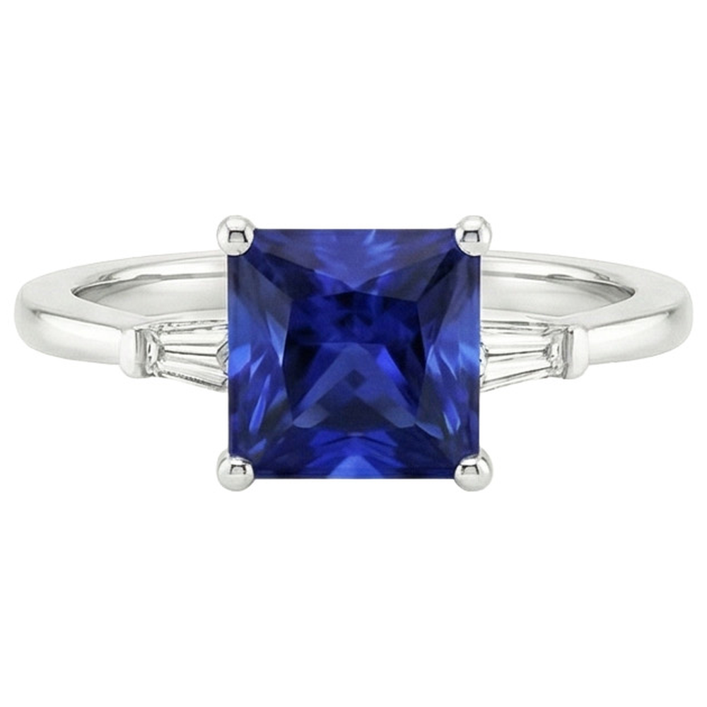 Drei-Steine-Ring Princess Blue Saphir & Baguette Aus der Erde Abgebauter Natürlicher Diamanten 5,25 Karat