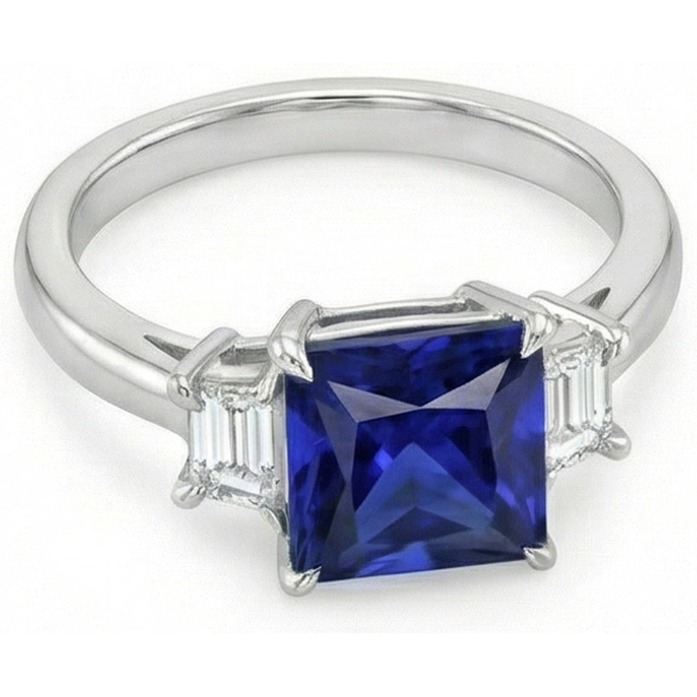Drei-Steine-Ring Prinzessin Ceylon Saphir und Aus der Erde Abgebauter Natürlicher Diamant 5,25 Karat