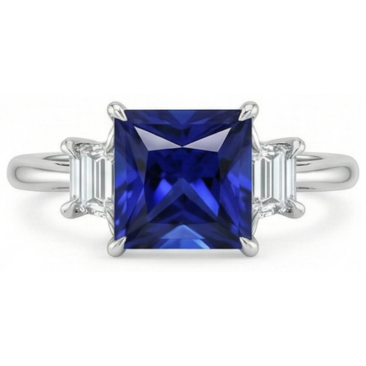 Drei-Steine-Ring Prinzessin Ceylon Saphir und Aus der Erde Abgebauter Natürlicher Diamant 5,25 Karat