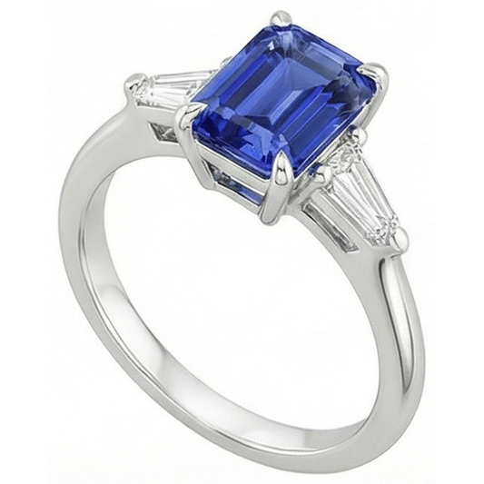 Drei Steine Ring Weißgold Ceylon Saphir & Aus der Erde Abgebauter Natürlicher Diamant 3,50 Karat