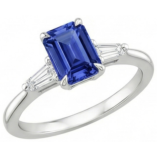 Drei Steine Ring Weißgold Ceylon Saphir & Aus der Erde Abgebauter Natürlicher Diamant 3,50 Karat