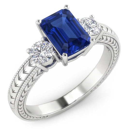 Drei Steine im antiken Stil Smaragd Sri Lanka Saphir Ring 1,75 Karat
