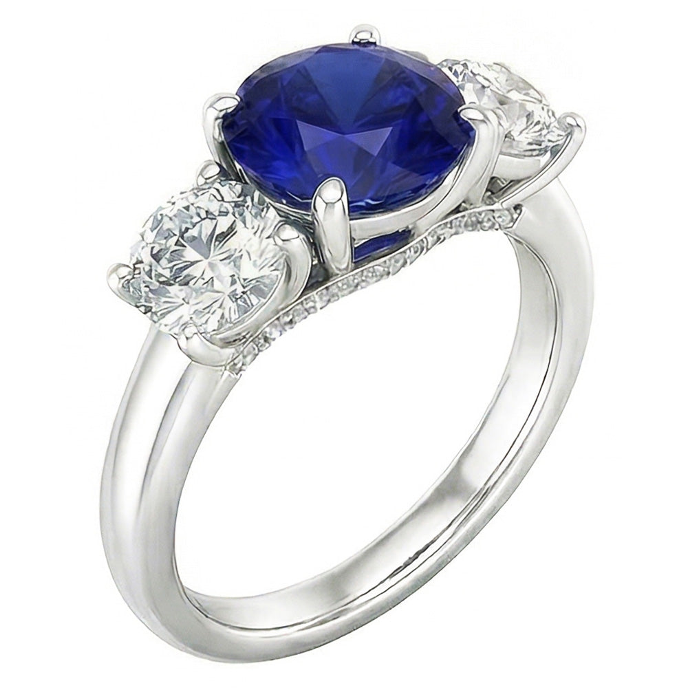 Drei Steine runder blauer Saphirring & runde Natürlicher Diamant ( nicht im Labor gezüchtet )en 2,50 Karat