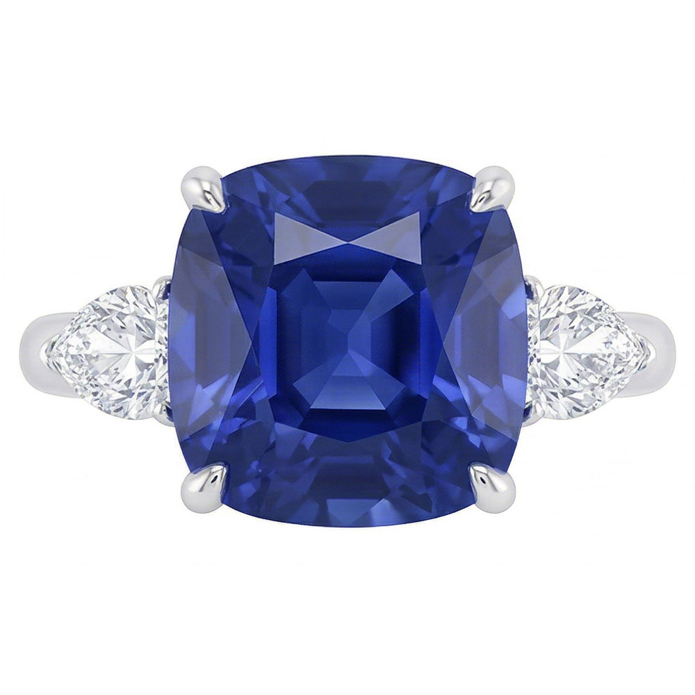 Drei Steine Birne Natürlicher Diamant ( nicht im Labor gezüchtet ) & Kissen Blauer Saphir Ring 3.50 Karat