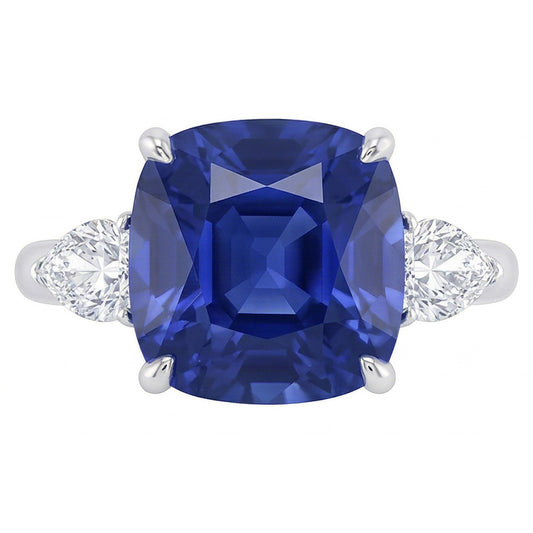 Drei Steine Birne Natürlicher Diamant ( nicht im Labor gezüchtet ) & Kissen Blauer Saphir Ring 3.50 Karat
