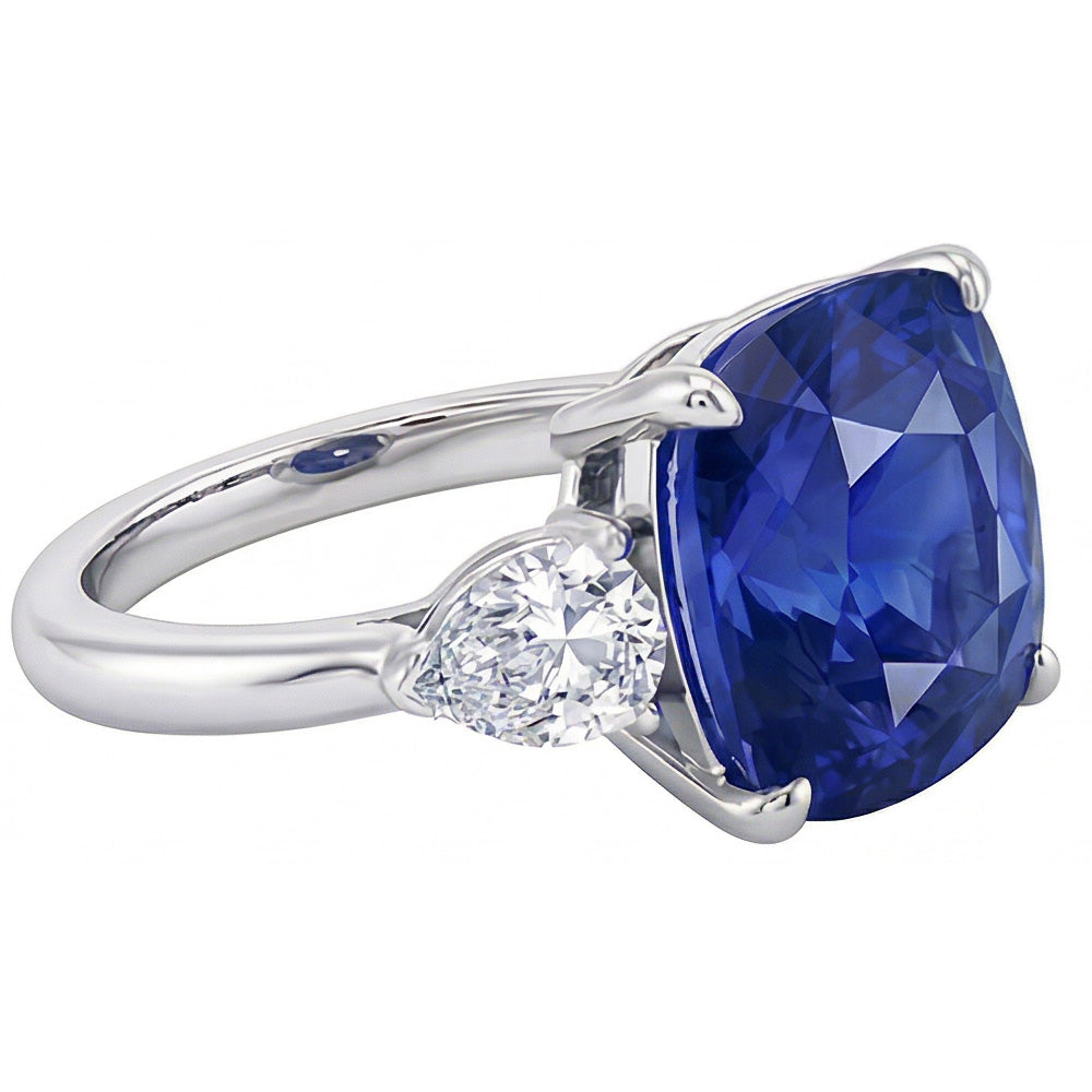 Drei Steine Birne Natürlicher Diamant ( nicht im Labor gezüchtet ) & Kissen Blauer Saphir Ring 3.50 Karat