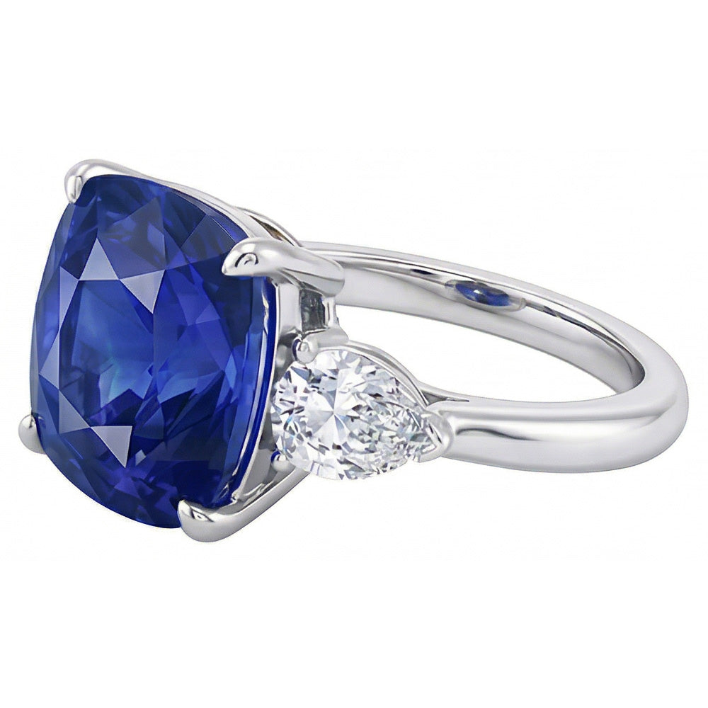 Drei Steine Birne Natürlicher Diamant ( nicht im Labor gezüchtet ) & Kissen Blauer Saphir Ring 3.50 Karat