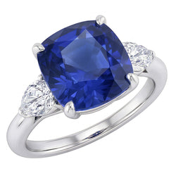 Drei Steine Birne Natürlicher Diamant ( nicht im Labor gezüchtet ) & Kissen Blauer Saphir Ring 3.50 Karat