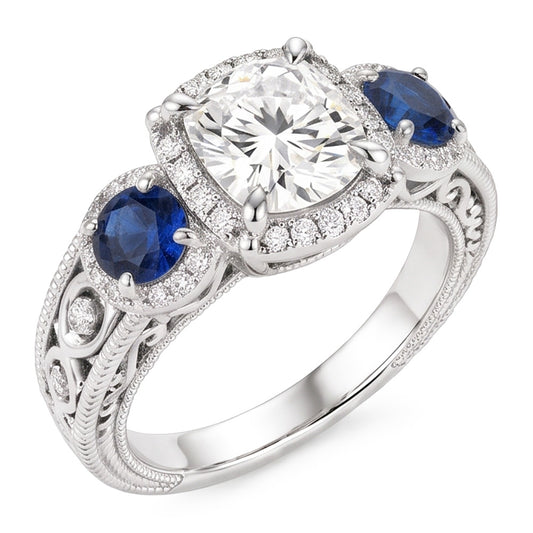 Echt Aus der Erde Abgebauter Natürlicher Diamant Ring Antiker Stil 3 Karat Blaues Saphirmuster Milgrain