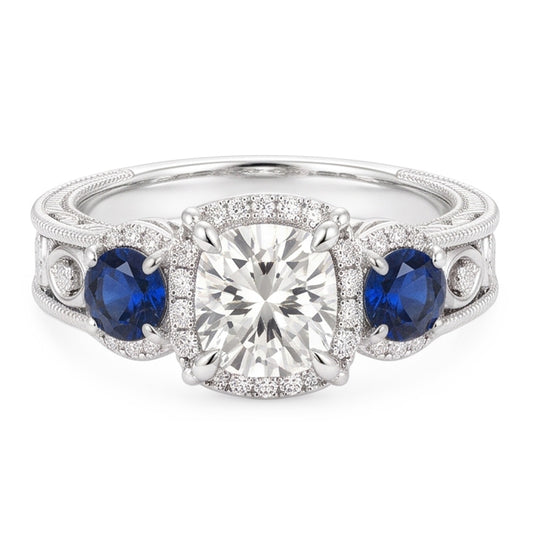 Echt Aus der Erde Abgebauter Natürlicher Diamant Ring Antiker Stil 3 Karat Blaues Saphirmuster Milgrain