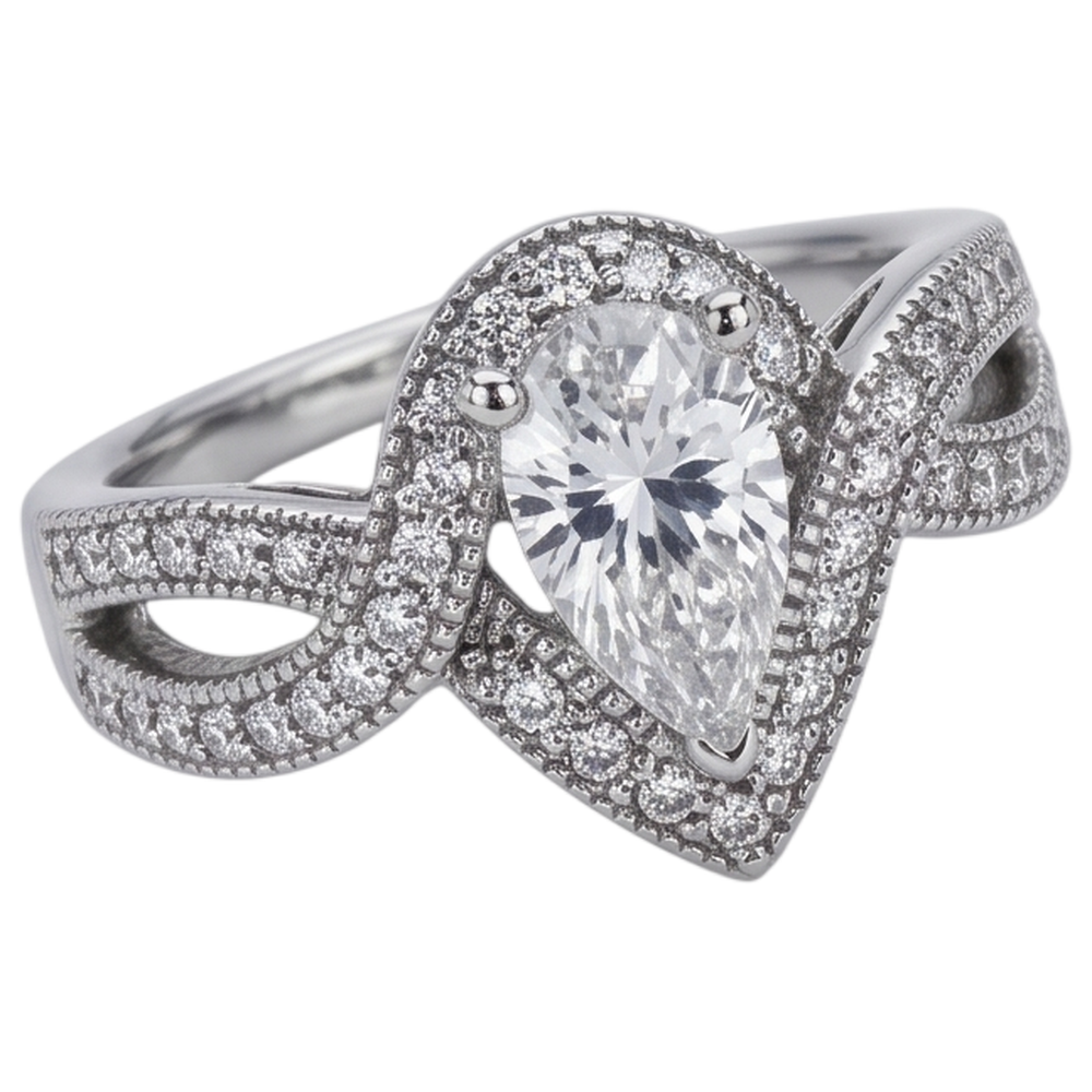 Echt Birnendiamant-Verlobungsring 1,25 Karat Verdrehter Schaft Akzent WG 14K