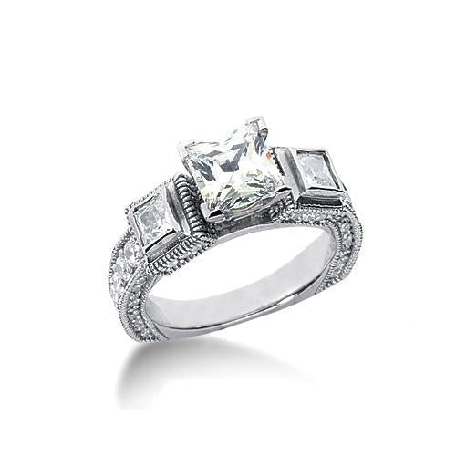 Echt Diamant 2,51 ct. 3 Steine Antik-Stil Verlobungsring Weißgold 14K