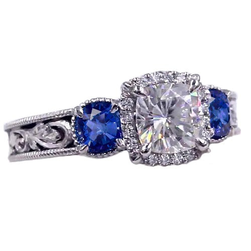 Echt Diamant Ring Antiker Stil 3 Karat Blaues Saphirmuster Milgrain