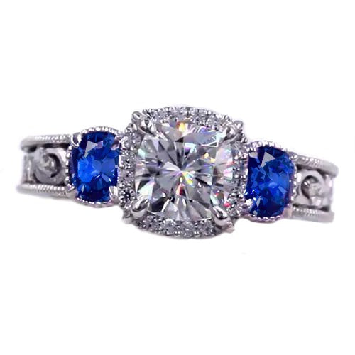 Echt Diamant Ring Antiker Stil 3 Karat Blaues Saphirmuster Milgrain