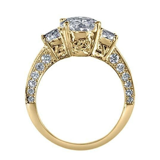 Echt Ovaler Aus der Erde Abgebauter Natürlicher Diamant-Verlobungsring 3 Steine Stil Gelbgold 4,51 Karat