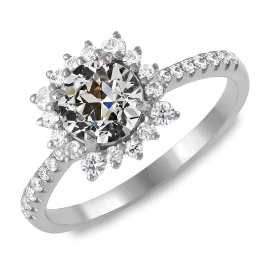 Echt Runder Altschliff-Diamant-Halo-Ring mit Akzenten im Blumenstil 4.50 Karat