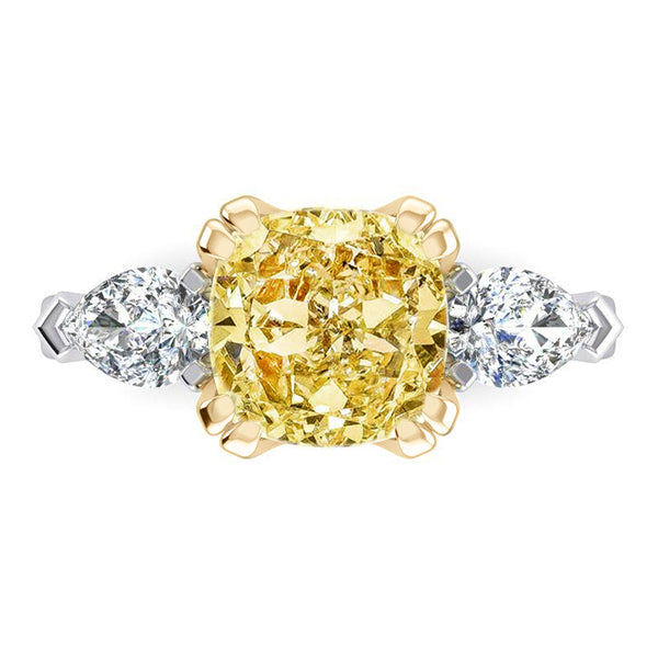 Echt Kissen Gelber Kanarienring Natürlich Erde Gewonnener Birnen Diamants Gold 14K