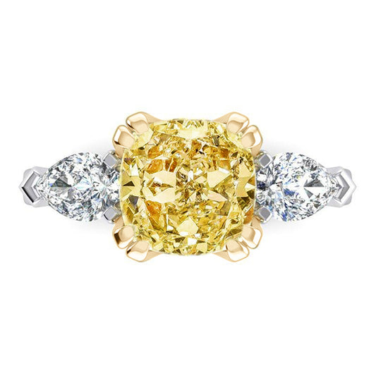 Echt Kissen Gelber Kanarienring Natürlich Erde Gewonnener Birnen Diamants Gold 14K