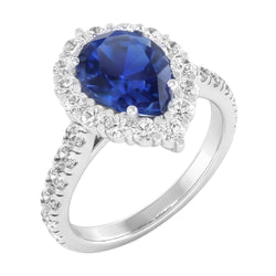 Echter Halo-Edelstein-Ring, Birnenblauer Saphir, Gold-Damenschmuck, 8 Karat